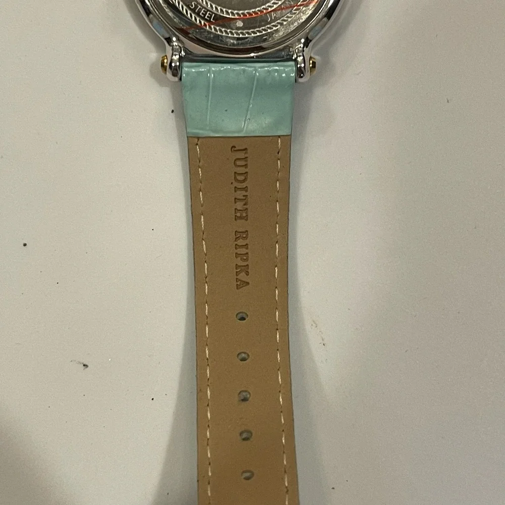 Judith Ripka Turquoise Dial Gold Tone Rope Bezel Croco Leather Strap Watch